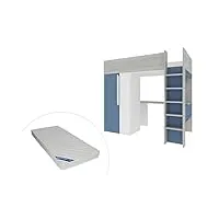 vente-unique - lit mezzanine 90 x 200 cm avec armoire et bureau - bleu et blanc + matelas - nicolas