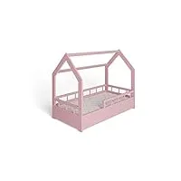ms factory lit enfant bébé maison 70x140 cm - lit en massif cabane avec protection anti-retombée, barrière sécurité - style scandinave montessori - rose demi-barrières