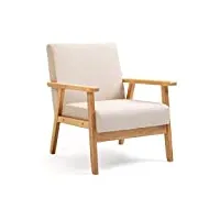 mingone fauteuil de salon en bois chaise longue relax chaise d'appoint avec accoudoirs chaise de canapé de loisirs en lin pour salon chambre vérandas, beige