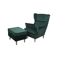 margarethome24 fauteuil à oreilles teramo avec tabouret, fauteuil confortable, fauteuil de relaxation, pour appartement, kronos 19 - vert