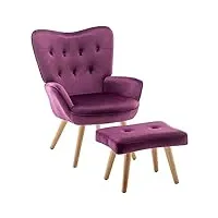 hollyhome fauteuil chaise scandinaves, chaise longue relax en velours avec repose-pieds, fauteuil de salon chaise de lecture pour chambre à coucher, violet