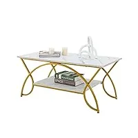 giantex table basse à 2 niveaux en imitation marbre, table d'appoint structure ronde en métal doré, style moderne Élégant, pour salon, bureau, chambre, 110 x 50 x 45 cm, blanc