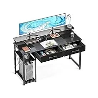 odk bureau d'ordinateur, table de bureau avec 2 tiroirs, bureau informatique avec étagère de rangement pour la maison avec support d'écran, bureaux et postes de travail (noir, 120x50x87cm)