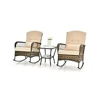 giantex ensemble de jardin en rotin 2 personnes, ensemble de chaises à bascule et table basse pour balcon, fauteuils ergonomie avec coussins, marron