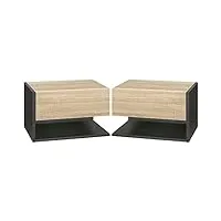 homcom lot de 2 tables de chevet murales - lot de 2 tables de nuit - tiroir coulissant, étagère, plateau - en bois bicolore aspect chêne noir