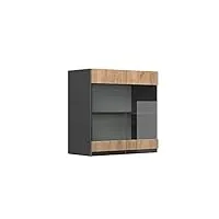 vicco meuble de cuisine haut vitré r-line, chêne de force doré/anthracite, 60 cm j-shape