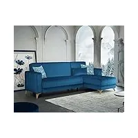 dmora miguel, lit coffre d'angle avec 3 coussins inclus, canapé en tissu rembourré avec ouverture click-clack, avec méridienne réversible, 225 x 151 x 84 cm, bleu