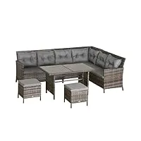 outsunny salon de jardin confortable pour 8 personnes 3 canapés d'angle + 2 poufs + table à manger 12 coussins d'assise et de dossier en polyester tissé gris écru
