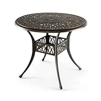 giantex table de jardin ronde Ø 90 cm, table bistro ronde avec trou de parasol Ø 5 cm, cadre en aluminium moulé, pieds réglables, résistant aux intempéries, style antique, bronze