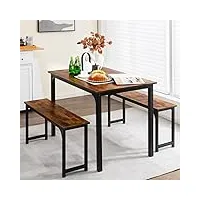 costway table à manger avec 2 bancs, table de cuisine pour 2 à 4 personnes avec cadre en métal inoxydable, set de 3 pièces pour cuisine, salon, salle à manger