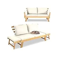 giantex canapé lit de jardin convertible pour 2 personnes, lit de jardin extensible 3 en 1 avec coussins et oreillers, cadre en bois d'acacia, canapé de jardin exterieur pour balcon, porche, beige