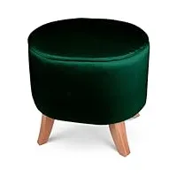 pouf ovale 42x52x45 cm - en tissu velours vert avec pieds en bois naturel - repose-pieds pour fauteuil, tabouret bas pour salon, entrée, chambre, tabouret bureau