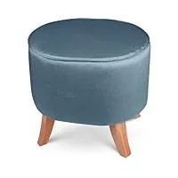 pouf ovale 42x52x45 cm - en tissu velours bleu avec pieds en bois naturel - repose-pieds pour fauteuil, tabouret bas pour salon, entrée, chambre, tabouret bureau