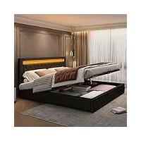 azkoeesy 180 x 200 cm cadre de lit capitonné, avec éclairage led et coffre de lit, lit fonctionnel hydraulique, avec sommier à lattes et espace de rangement, housse en cuir synthétique, charge