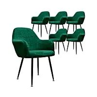 ecd germany lot de 6 chaises de salle à manger - vert foncé - style rétro - assise rembourrée aspect velours - pieds en métal noir - avec dossier et accoudoirs - fauteuil moderne salon bureau chambre