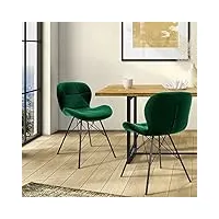 ml-design lot 2x chaises de salle à manger avec dossier, vert foncé, fauteuil avec revêtement en velours, pieds métal noir, chaise de cuisine ergonomique pour table à manger, protections de sol inclus