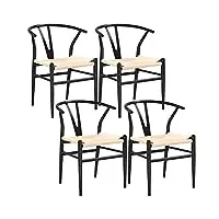 yaheetech lot de 4 chaises de salle à manger vintage chaises tressée de cuisine avec coussin de siège en corde de papier chaises de chambre cadre en métal pour cuisine salon chambre noir et bois