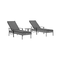 vidaxl chaises longues 2pcs avec table et coussins gris résine tressée