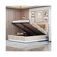 azkoeesy lit rembourré à led, 140 x 200 cm, lit double hydraulique avec espace de rangement, coffre de lit, housse en cuir synthétique, avec sommier à lattes en métal (beige)