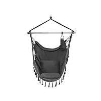juskys fauteuil suspendu miami avec coussin, perche et sac - panier suspendu en macramé - balançoire pouvant supporter jusqu'à 150 kg - fauteuil d'extérieur et d'intérieur - balançoire grise