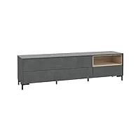 meuble tv 3 tiroirs finition béton gris et chêne clair avec pieds métal noir et système push open - tendance et urbain - maddy