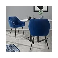 ml-design lot 2x chaises de salle à manger - bleu foncé - style rétro - dossier/accoudoirs rembourrée aspect velours - pieds en métal noir - chaise ergonomique - fauteuil moderne salon/chambre/cuisine