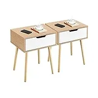 yaheetech lot de 2 tables de chevet 1 tiroir table de nuit scandinave en bois bout de canapé avec pieds effilés 48,5 × 41 × 57,5 cm h brun clair