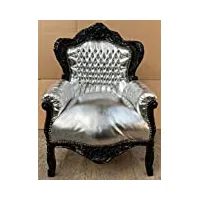 casa padrino fauteuil baroque argent/noir - fauteuil de salon en bois massif fait main avec cuir artificiel - fauteuil de salon de style ancien - mobilier de salon baroque
