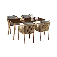 idimex ensemble table et 4 chaises de jardin capo, salon de jardin fauteuils d'extérieur en métal et corde tressée avec coussins, table avec plateau en verre brun