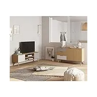 altobuy borgh - pack salon scandinave meuble tv 140cm + buffet 140cm 2 portes en pin massif