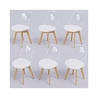 wafting lot de 6 chaises de salle à manger avec dossier transparent, coussin blanc et pieds en bois de hêtre pour salle à manger, chambre à coucher, salon et salle de conférence