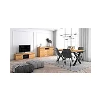 skraut home - ensemble de meubles de salon | table 170 front noir pieds x 8 convives | meuble tv 140 | crédence/buffet 140 | chêne et noir | style industriel