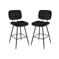 eugad tabouret bar lot de 2, chaise de bar, chaise de cuisine, tabouret de bistrot, tabouret de comptoir, tabouret avec dossier,repose-pieds, siège rembourré, en velours et métal, noir, 1042by-2