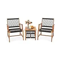 costway ensemble de meubles 3 pièces en bois d’acacia chaises à bascule charge 160kg, salon de jardin 2 fauteuils table basse tissé en corde avec accoudoirs pour jardin balcon