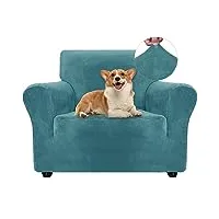 ystyle housse de canapé en velours, housse fauteuil 1 place, housse de fauteuil extensible, universelle sofa cover avec accoudoirs, protection canapé chat chiens griffures, bleu paon