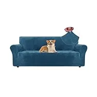 ystyle housse de canapé en velours, housse de canape 3 places, housse pour canapé extensible, universelle sofa cover avec accoudoirs, protection canapé chat chiens griffures, bleu paon