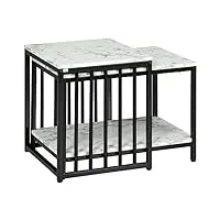 homcom lot de 2 tables d'appoint tables gigognes tables basses empilables avec plateau aspect bois effet marbre cadre en métal noir