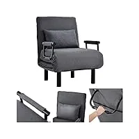 fauteuil convertible 1 place avec dossier réglable, fauteuil de relaxation pour salon, bureau, chambre, chaise pliable avec oreiller, accoudoirs, cadre métal,grey