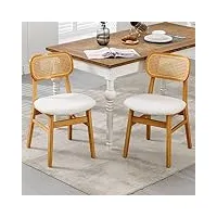 wahson lot de 2 chaise en rotin et chaise bois, chaise bois rétro avec coussin souple, chaise de cuisine confortable pour salle à manger et salon, beige