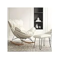 wigselbl fauteuil à bascule de loisirs avec dossier haut et ottoman pour le salon, chaises inclinables en tissu du milieu du siècle avec pieds en bois massif (couleur : blanc)