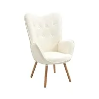 meuble cosy fauteuil scandinave chaise de canapé de loisirs pour salon salle à manger bureau avec un revêtement en bouclette, accoudoirs rembourés et des pieds en bois massif, blanc, 68x71x106cm