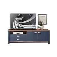 stella trading dijon bas, aspect meuble tv moderne avec tiroirs et beaucoup d'espace de rangement pour votre salon, bleu parisien/cognac chêne havel, 194 x 63 x 45 cm