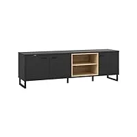 meuble tv 2 portes revêtement décor noir et chêne clair avec poignées en métal noir - design moderne - bailey
