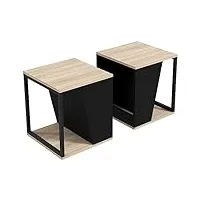 homcom lot de 2 tables d'appoint bout de canapé avec rangement structure en acier design scandinave 40 x 40 x 45 cm - noir et naturel