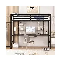 lit mezzanine élégant et confortable avec cadre de lit en métal, lit en fer avec bureau et deux étagères, convient pour enfants, adolescents et adultes, 90 x 200 cm, noir