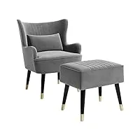 vesgantti fauteuil de relaxation avec repose-pieds en velours fauteuil scandinave chaise fauteuil relax confortable avec oreiller lombaire et pieds en métal pour salon chambre - gris