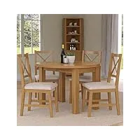hallowood furniture waverly petite table de salle à manger ronde en chêne clair avec 4 chaises à dossier croisé en tissu beige – petite table de cuisine pliante idéale pour la maison, le café et le