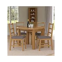 hallowood furniture waverly petite table de salle à manger ronde en chêne clair avec 4 chaises en chêne avec dossier en échelle et sièges en tissu gris – idéal pour la maison, le café et le restaurant