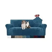 ystellaa housse de canapé en velours, housse canape 3 places, sofa cover extensible, universelle housse pour canapé avec accoudoirs, protection canape chat chiens griffures, bleu paon
