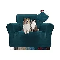 ystellaa housse de canapé en velours, housse fauteuil 1 place, housse canape extensible, universelle sofa cover avec accoudoirs, protection canapé chat chiens griffures, vert foncé